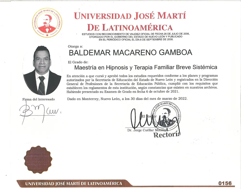 Título de Maestría en Hipnosis Clínica